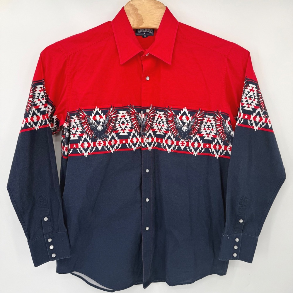 Panhandle Button Up Men XL Red Navy Eagle Southwestern Western Pearl Snap Shirt